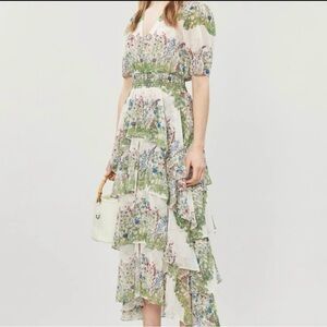 Maje Green and Cream Floral High Low Dress